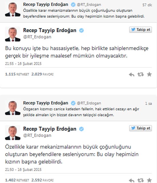 Cumhurbaşkanı Erdoğan'dan Özgecan Aslan tweeti Cumhurbaşkanı Erdoğan'dan Özgecan Aslan tweeti