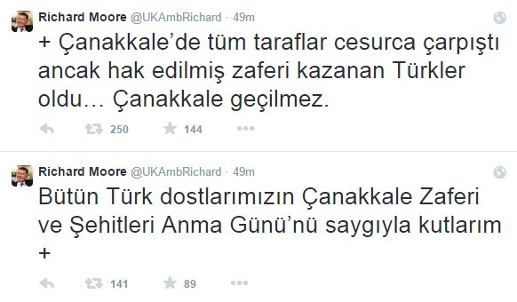 İngiliz Büyükelçisi Moore'dan Çanakkale tweeti İngiliz Büyükelçisi Moore'dan Çanakkale tweeti
