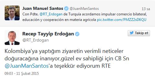 Erdoğan 2. tweetini Kolombiya'dan attı!