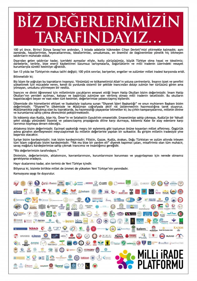 'Biz değerlerimizin tarafındayız' ilanı