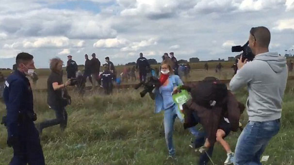 Muhabirden sığınmacılara tekme