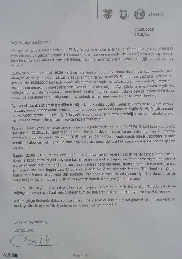 TOFAŞ'tan işçilere rest!