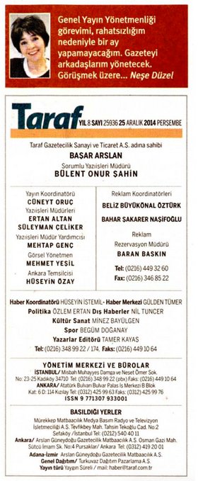 Neşe Düzel'in ismi Taraf Gazetesi'nin künyesinden silindi Neşe Düzel'in ismi Taraf Gazetesi'nin künyesinden silindi