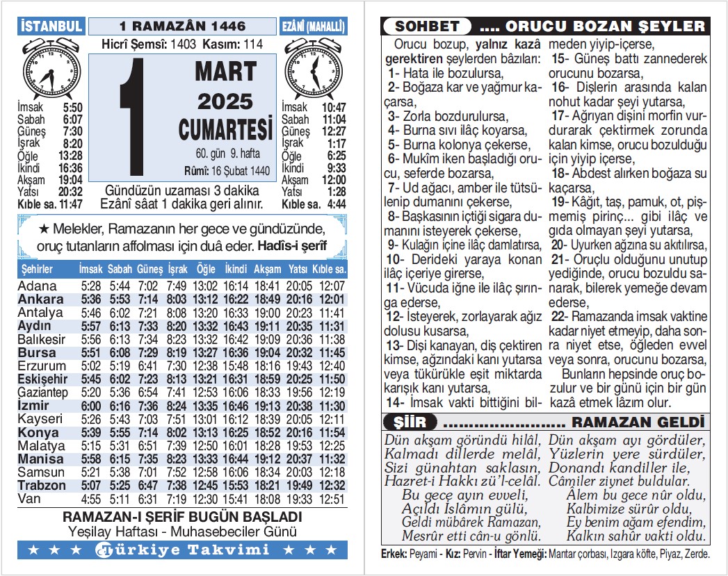 Ramazan Takvimi 1. Gün